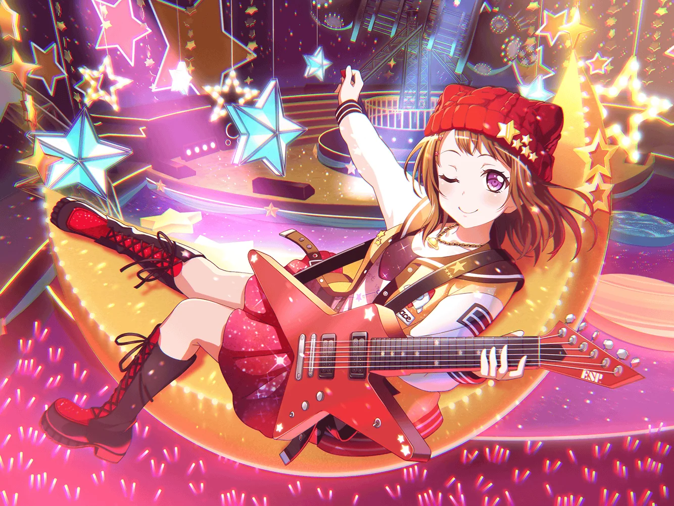 Kasumi playing red star guitar on glowing stage